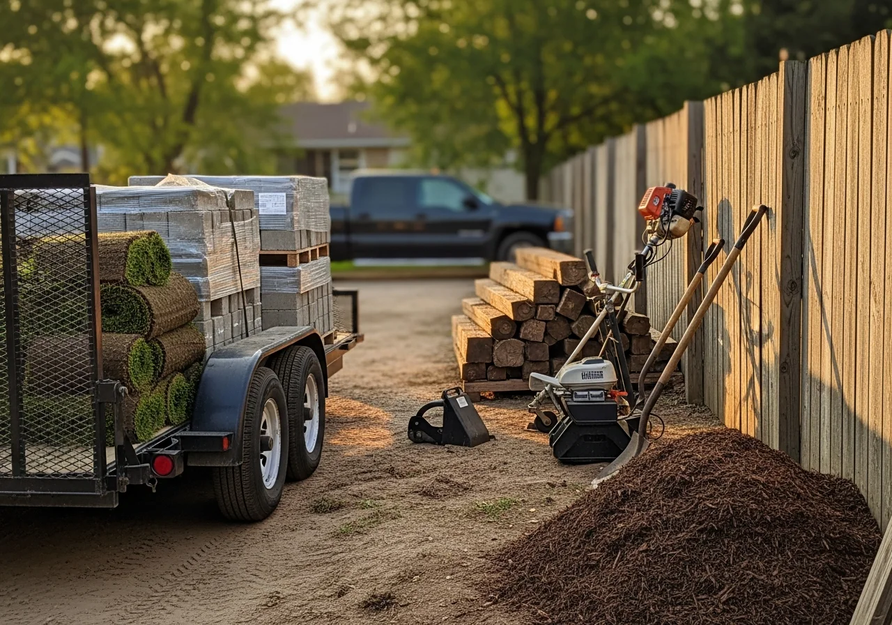 Landscaping crew with tools and equipment ready for outdoor installation work.