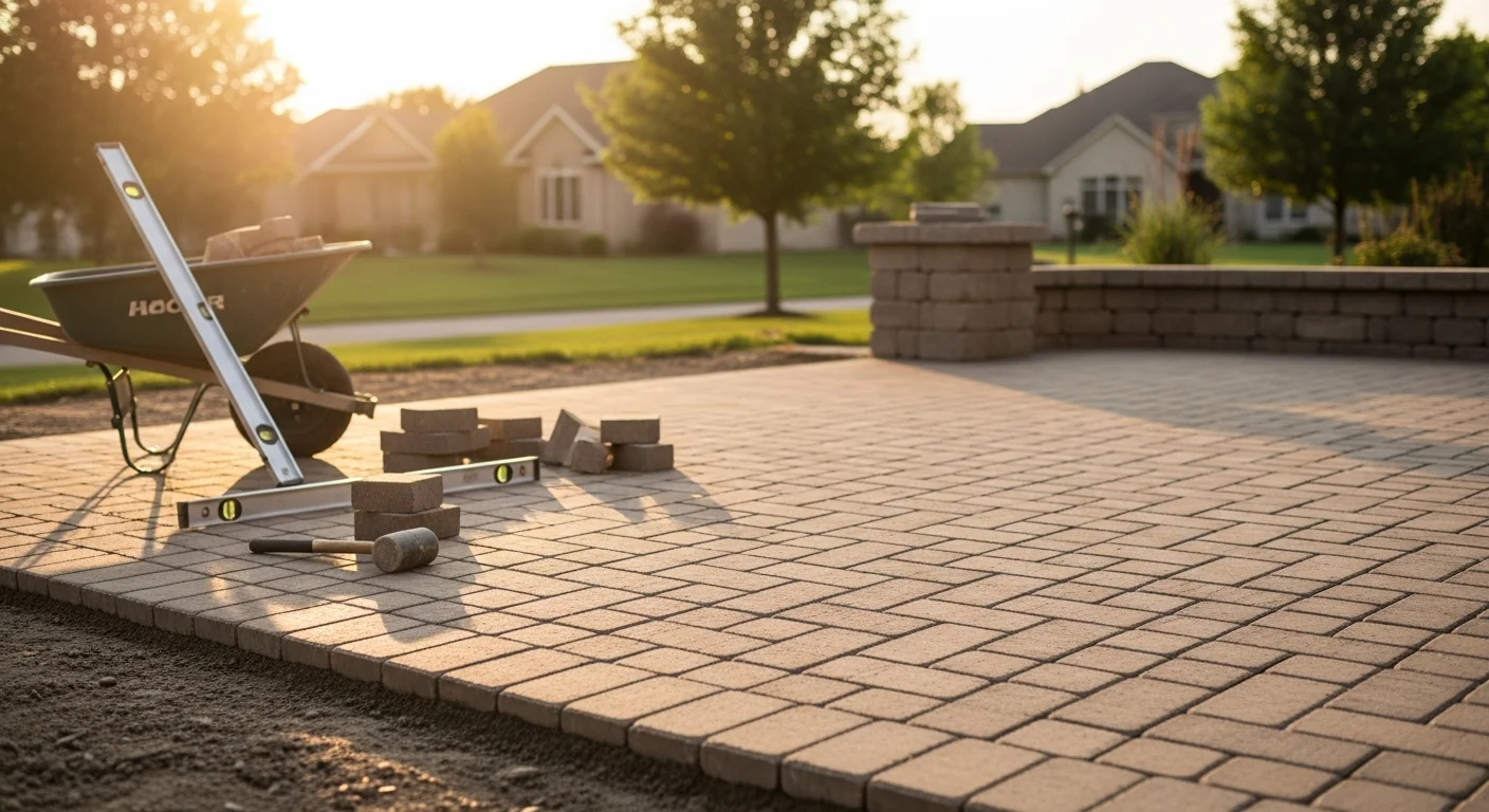 Brick paver patio with decorative stone edging and garden wall installation