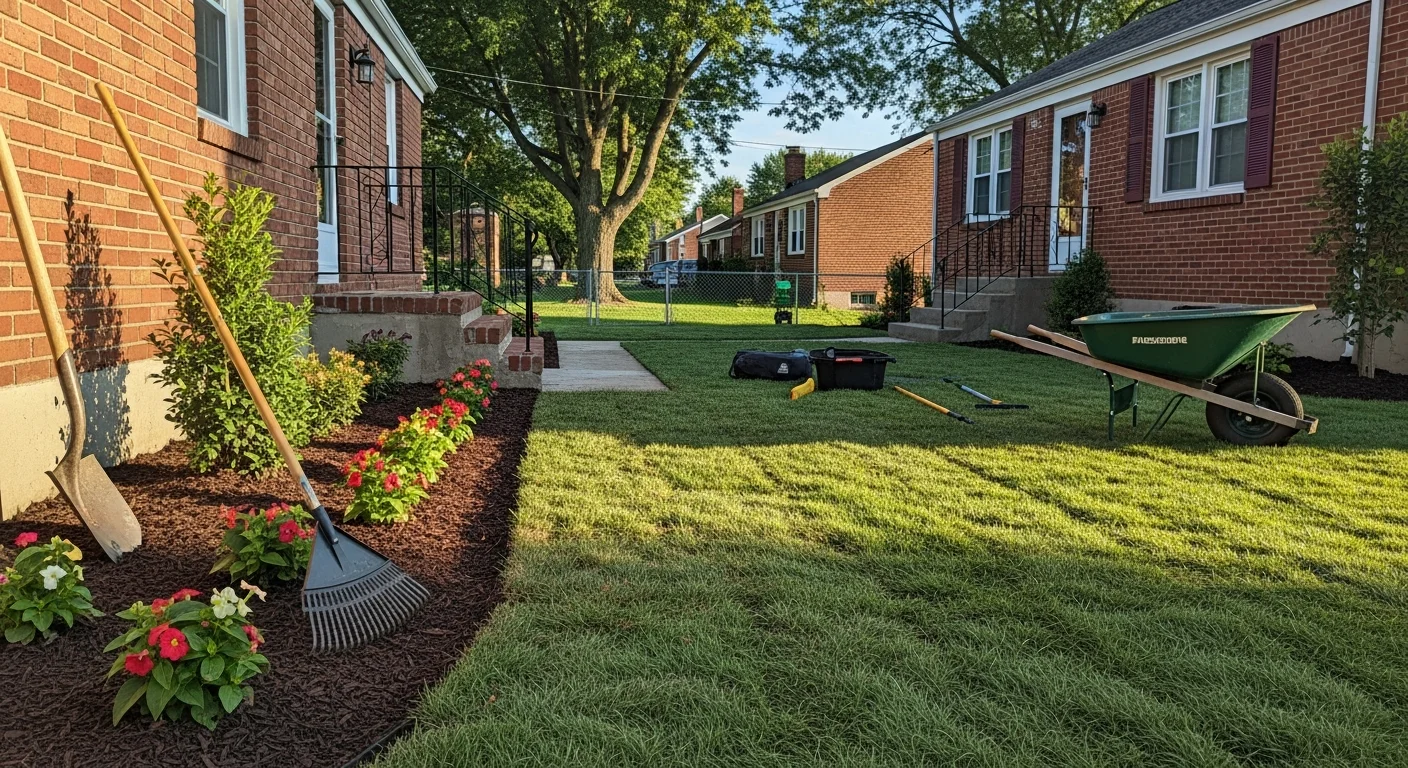 Professional landscaping installation with plants, mulch, and stone edging in residential yard