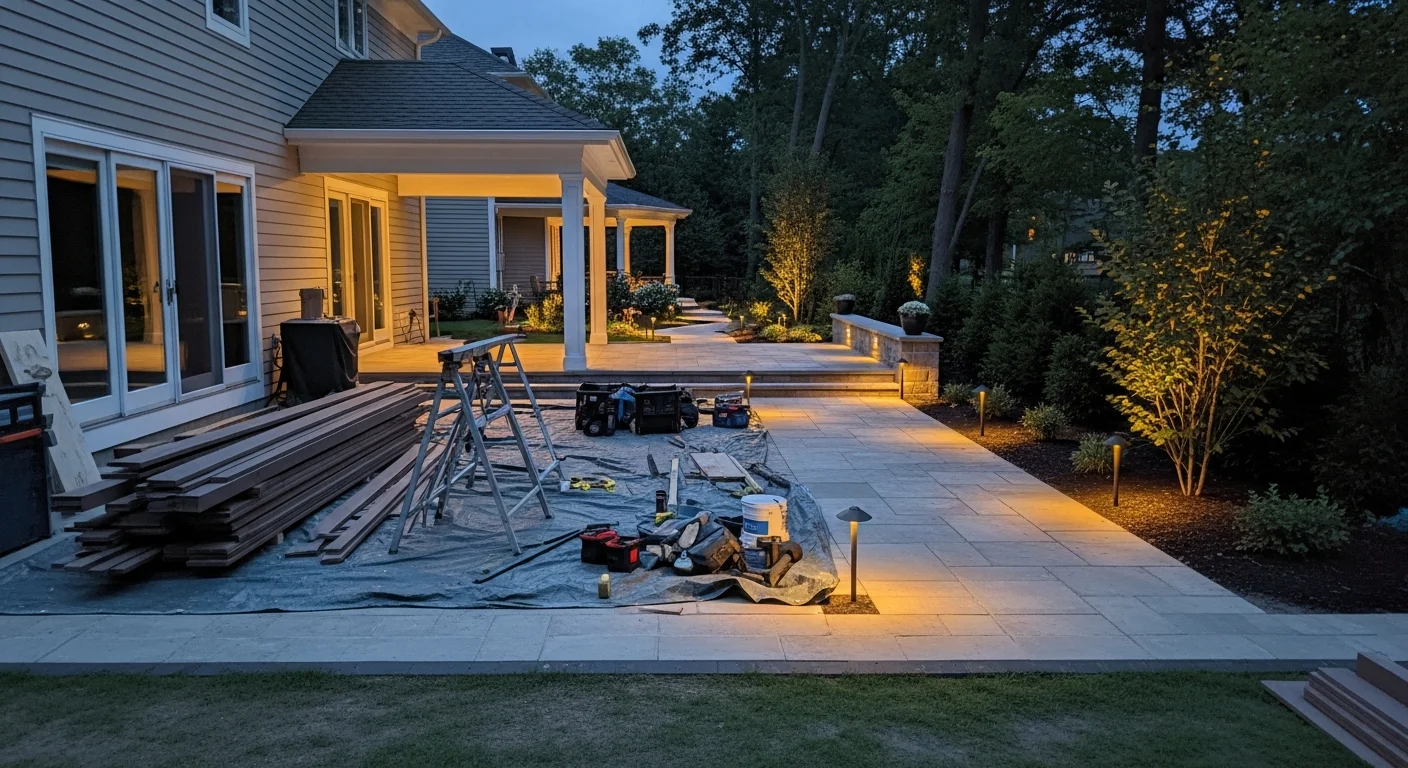 Low-voltage landscape lighting installed around garden beds and pathways at dusk