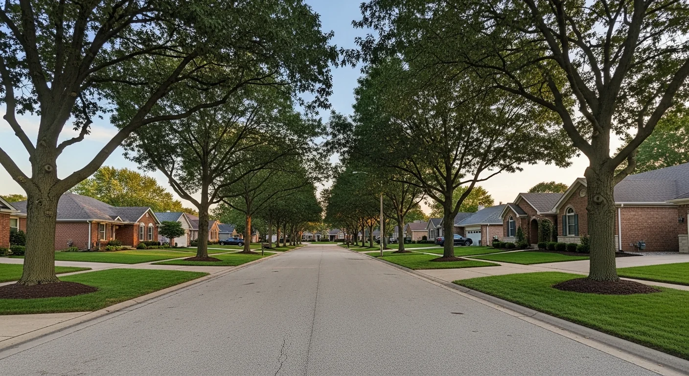 Wide view of a well-maintained Mokena residential street with mature trees and single-family homes on both sides.
