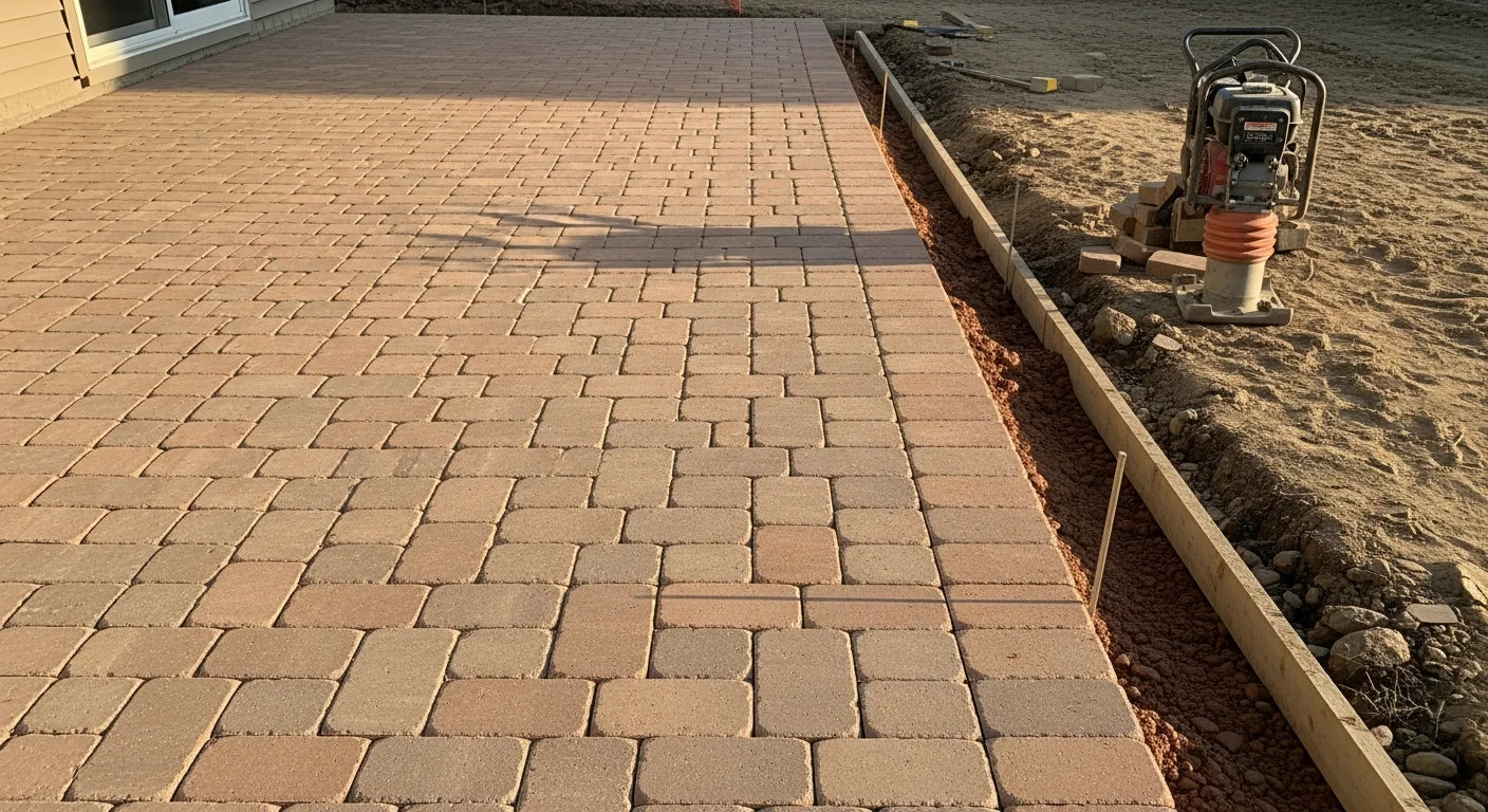 Completed brick paver patio installation in a Mokena, Illinois backyard, showing a structured interlocking paver surface with clean edge restraints and a compacted base. The patio connects to a rear lawn area typical of Will County residential properties.