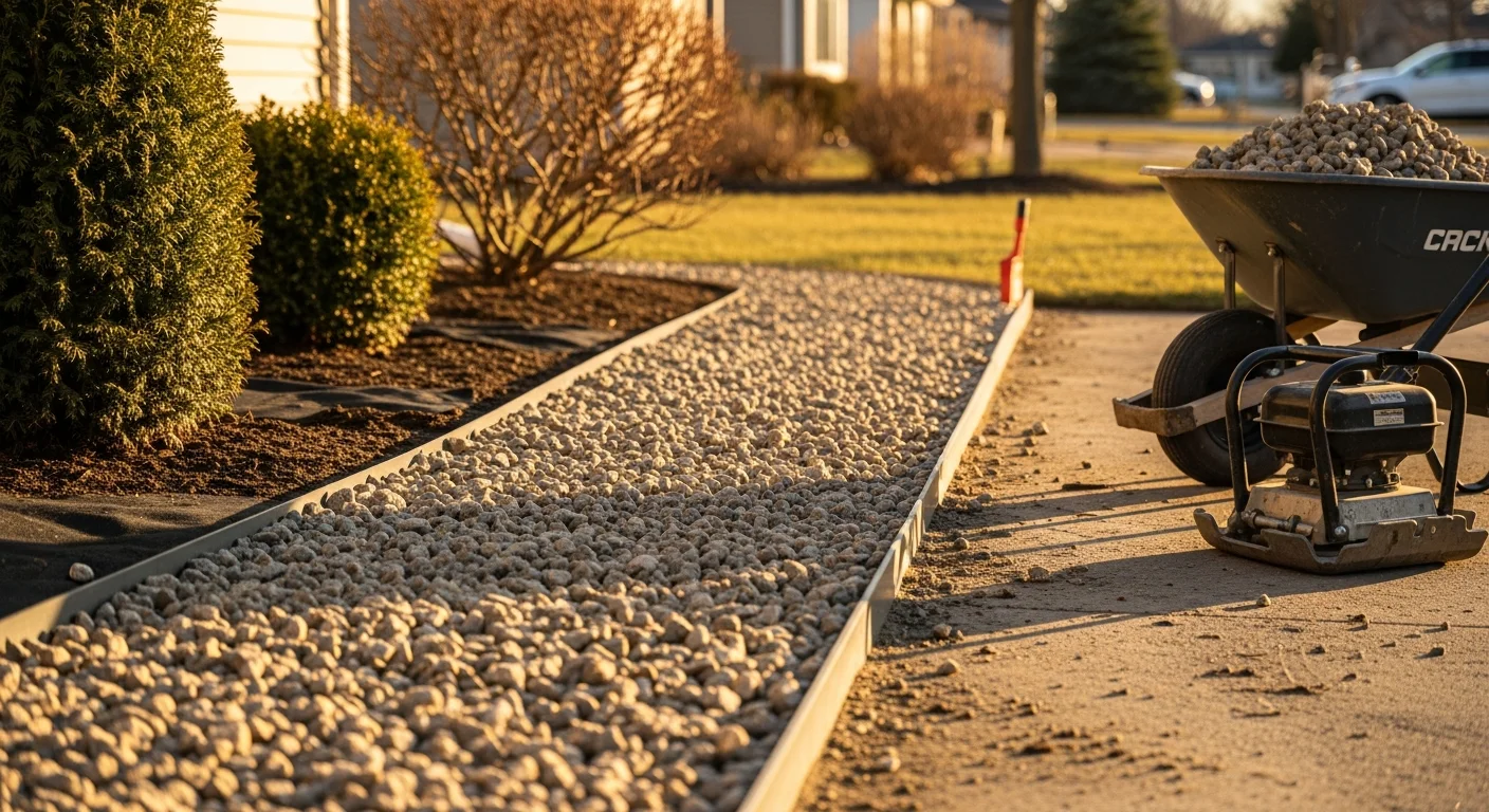 Decorative stone installed around a residential garden bed in Mokena, Illinois, with steel edging along the border and a clean, weed-free surface. A Hooks Landscaping hardscaping project showing defined stone ground cover against a home's foundation plantings.