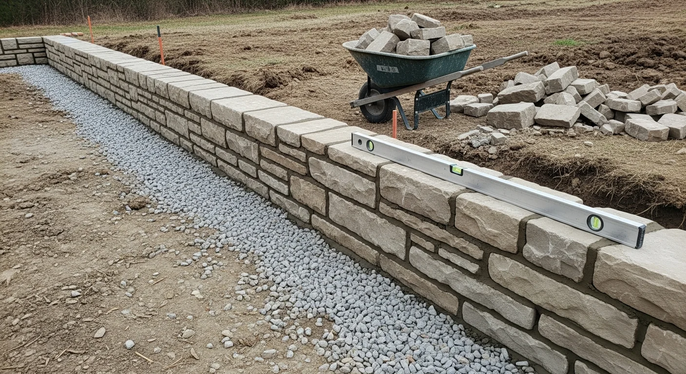 A freshly constructed stone garden wall along the edge of a residential planting bed in Mokena, Illinois, with neatly contained soil and mulch behind the wall and a green lawn in the foreground. The wall runs parallel to a backyard patio, showing clean coursework and level construction typical of Hooks Landscaping hardscaping projects.