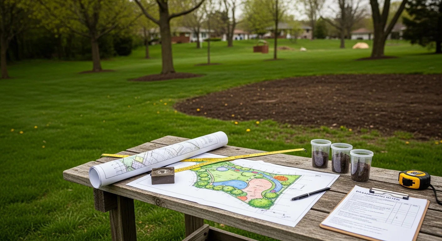 A redesigned front yard at a single-family home in Mokena, Illinois, featuring defined planting beds, a clean lawn edge, and a stone walkway leading to the front door. The landscape reflects a structured, low-maintenance design suited to Illinois seasonal conditions.