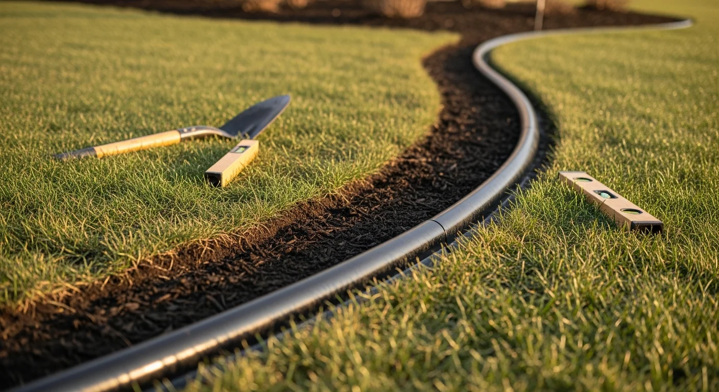 Freshly installed landscape edging along a curved garden bed at a Mokena, Illinois residential property, with clean soil separation and mulch contained inside the border. A concrete walkway runs adjacent to the edged bed, showing the defined transition between hardscape and planting area.