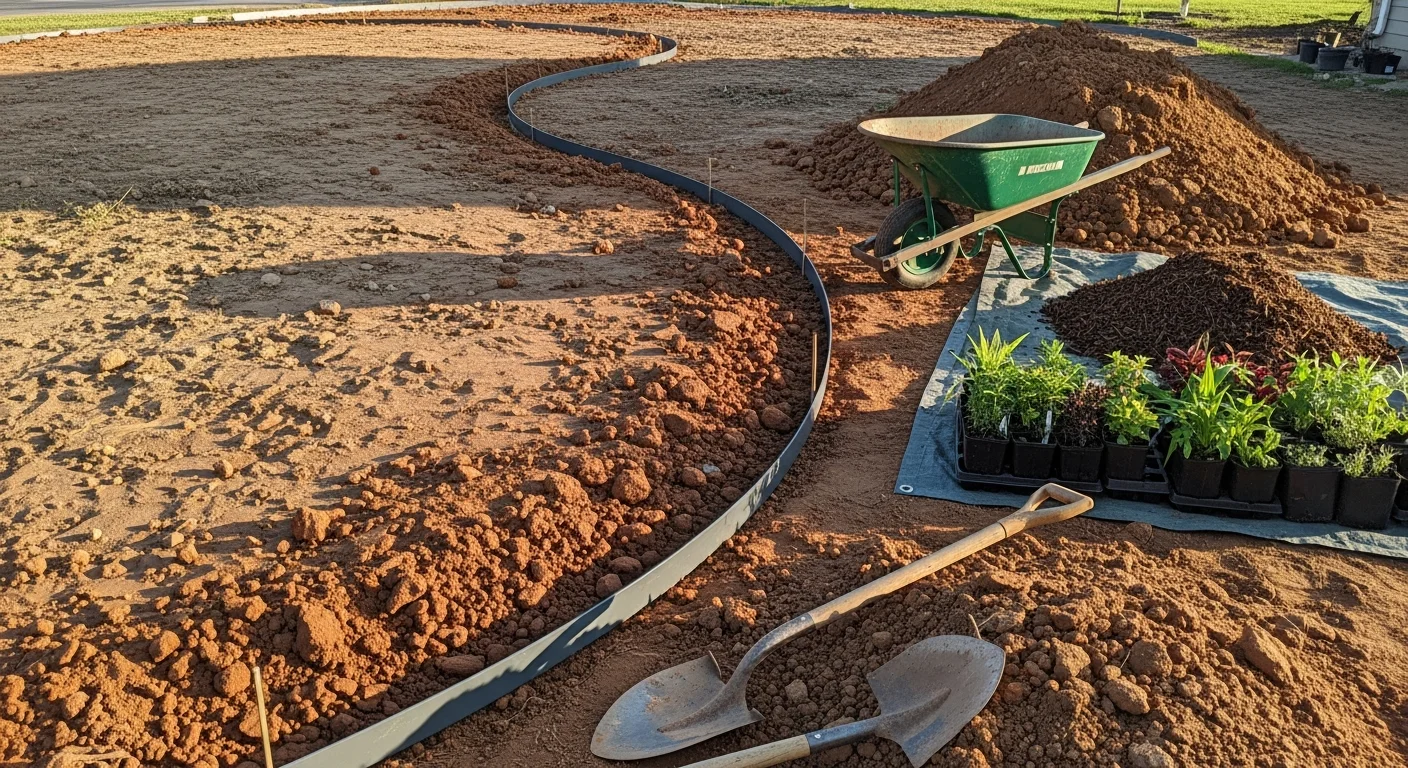 Freshly installed landscape beds with plants and clean edging along the front of a residential home in Mokena, IL. Graded lawn area and defined planting zones show a completed landscape installation on a Will County property.
