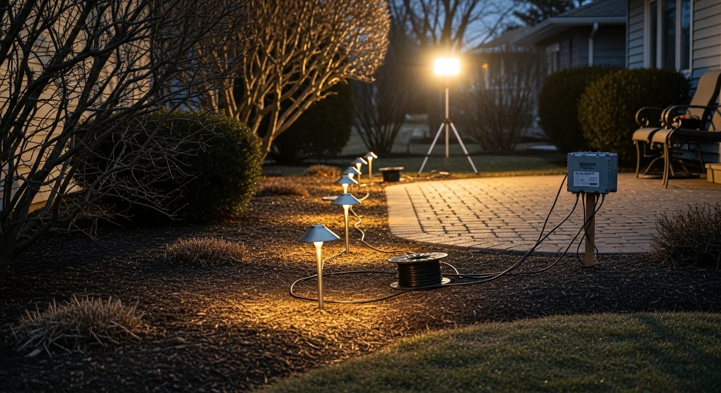 A Mokena residential backyard at night with low-voltage path lights lining a paver walkway and uplighting aimed at mature shade trees along the property edge. The front facade of the home is softly lit, showing the result of a professional landscape lighting installation by Hooks Landscaping.