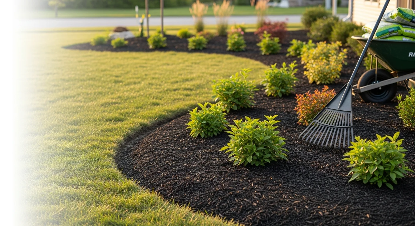 A renovated residential front yard in Mokena, IL showing freshly shaped planting beds, new shrubs, and clean lawn edges. Hooks Landscaping completed the landscape renovation on a single-family home in Will County.