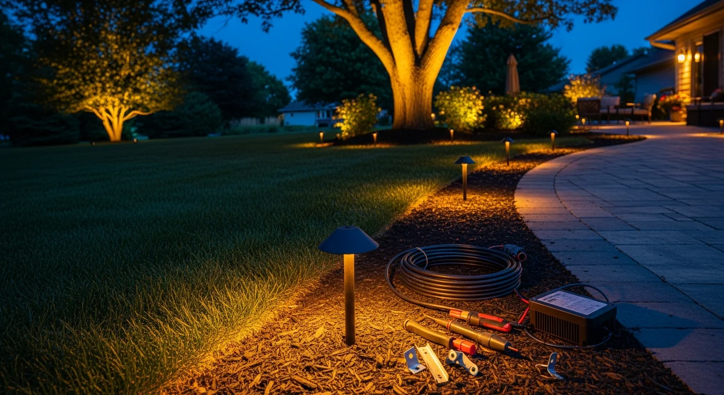 Low-voltage path lights and uplighting installed along a paver walkway and mature oak trees in a Mokena, Illinois residential yard. Soft ground-level illumination highlights garden beds and the home's front facade at dusk.