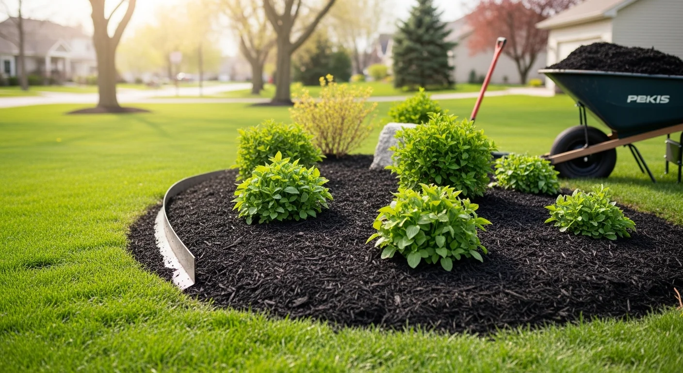 Freshly installed dark mulch covering a residential planting bed with clean-edged borders in Mokena, Illinois. A row of shrubs and perennial plants sits centered in the bed against a suburban home's foundation.