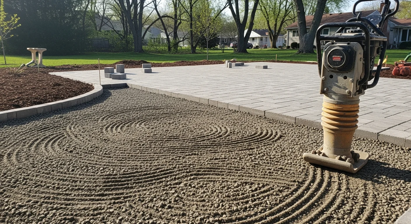 A finished backyard patio installed by Hooks Landscaping in Mokena, IL, showing a level paver surface with clean edge lines and a graded perimeter. The patio sits adjacent to a residential home with a maintained lawn visible in the background.