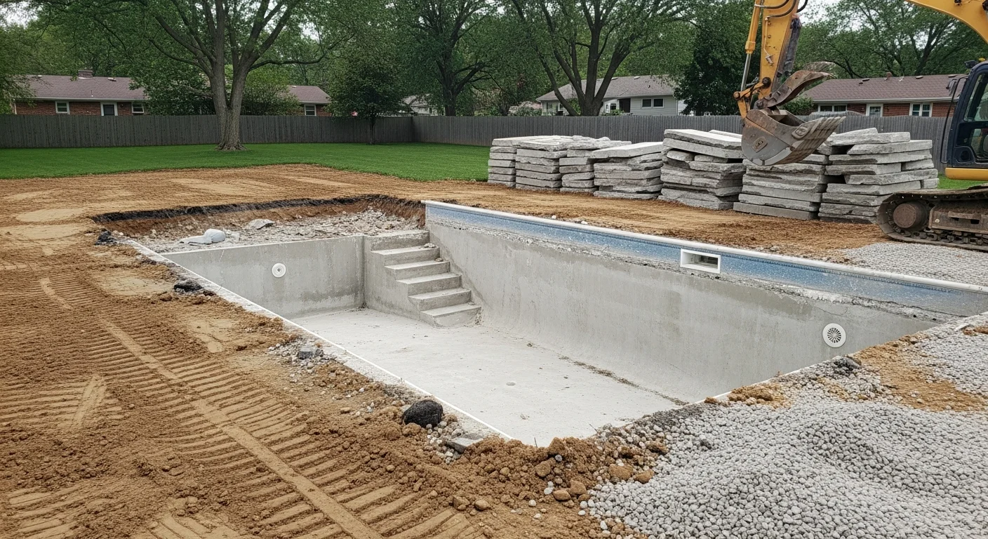 A flat, freshly graded backyard in Mokena, Illinois where an inground pool has been fully removed and the soil compacted and leveled. The cleared site shows bare earth ready for lawn or patio installation.