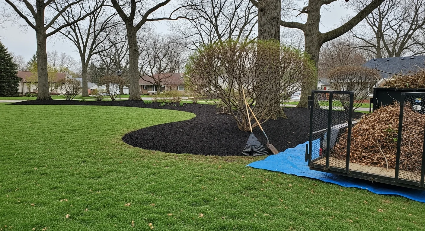 A Mokena residential front yard after a fall seasonal landscape cleanup, with cleared planting beds, bare trimmed shrubs, and a leaf-free lawn surface. A trailer loaded with bagged debris sits at the curb in front of a single-family home.